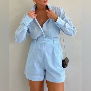 Light Blue Button-Up Shirt and Shorts Set